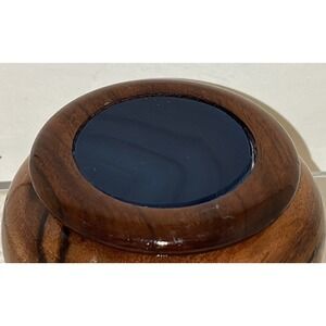 Beautiful Tooled Wooden trinket dish‎ With Blue Agate Slice On Top